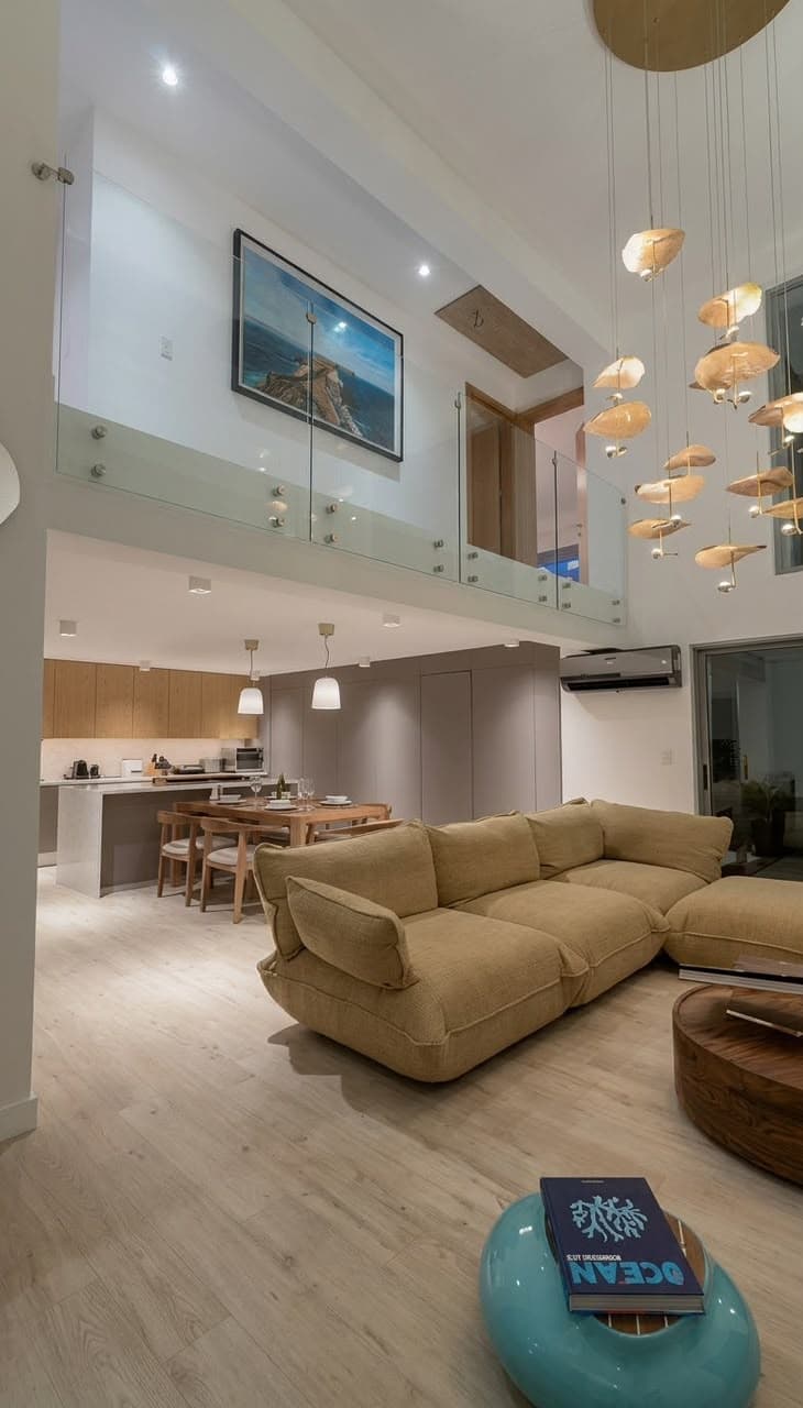 Sala con sofá, televisión y la mesa del comedor bajo lámparas colgantes